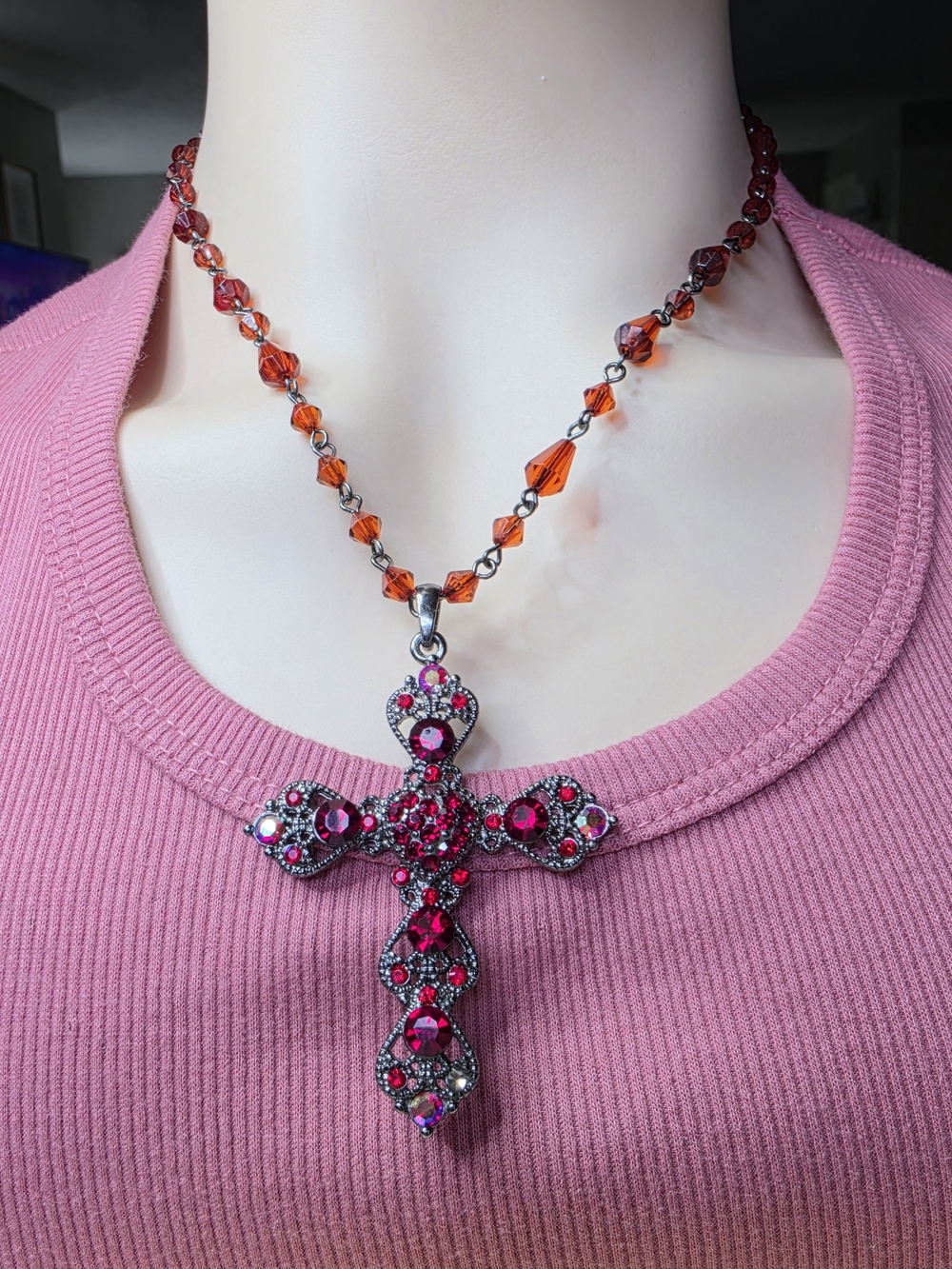 Ornate Cross Red Crystal Gothic Pendant Necklace